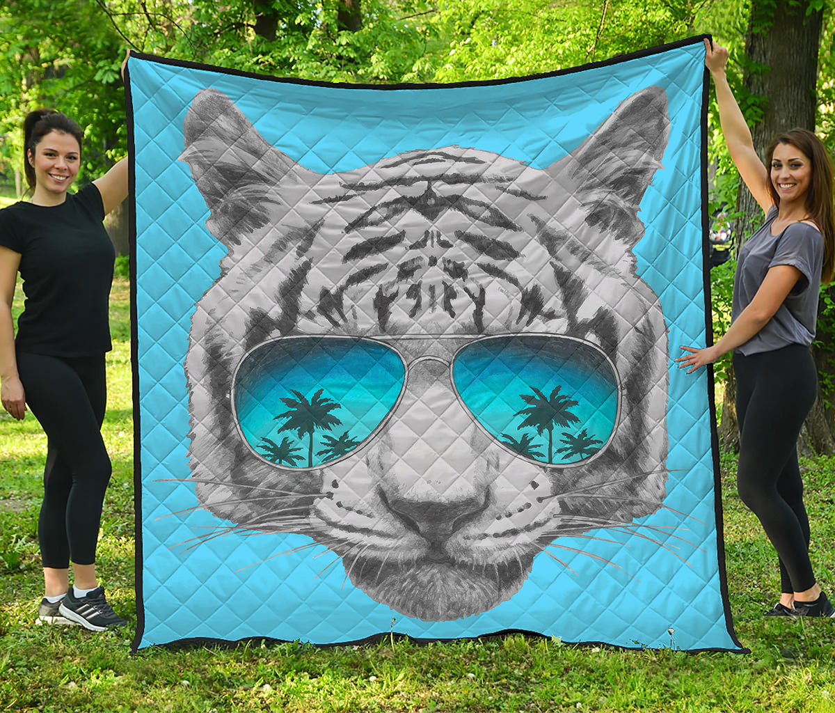 White Tiger With Sunglasses Print Quilt