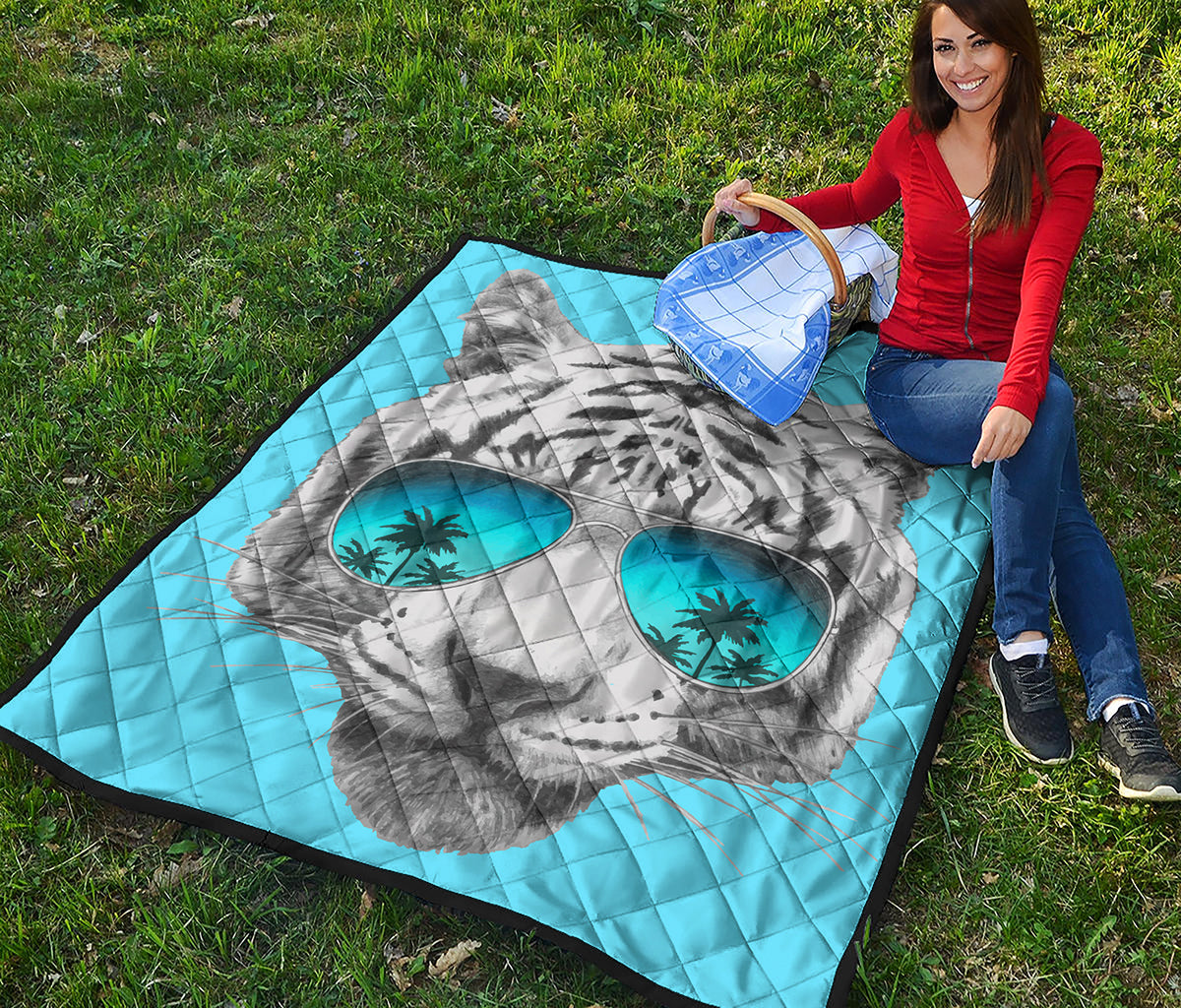 White Tiger With Sunglasses Print Quilt
