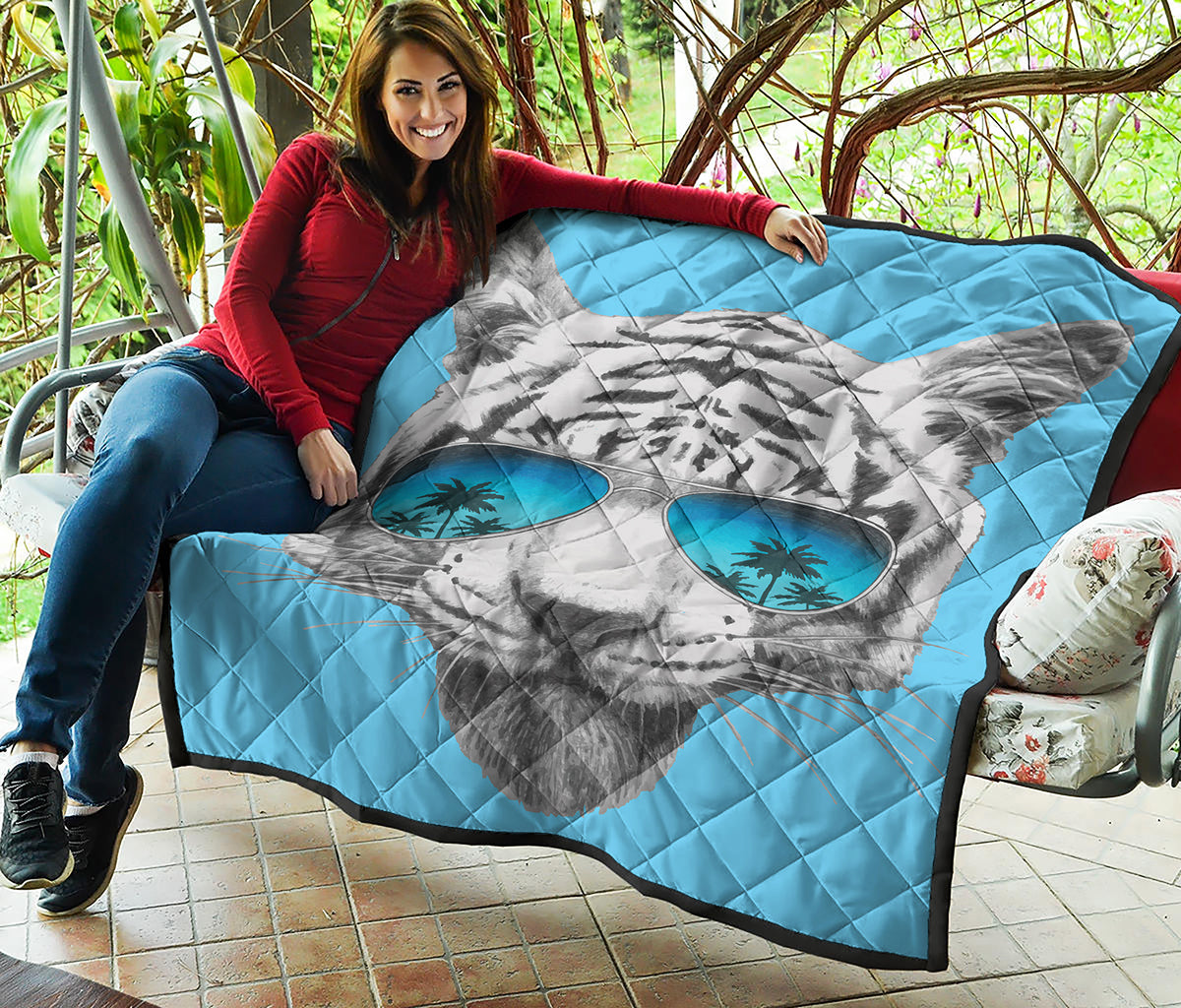 White Tiger With Sunglasses Print Quilt