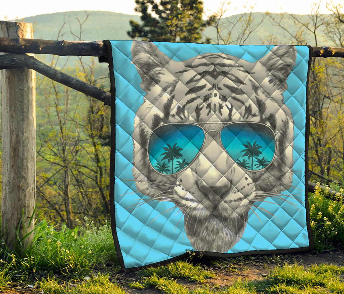 White Tiger With Sunglasses Print Quilt