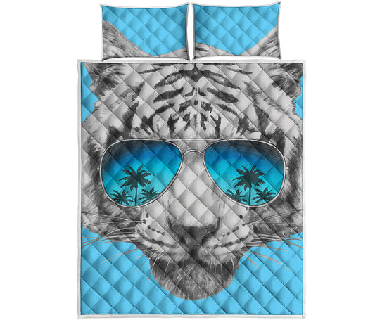 White Tiger With Sunglasses Print Quilt Bed Set