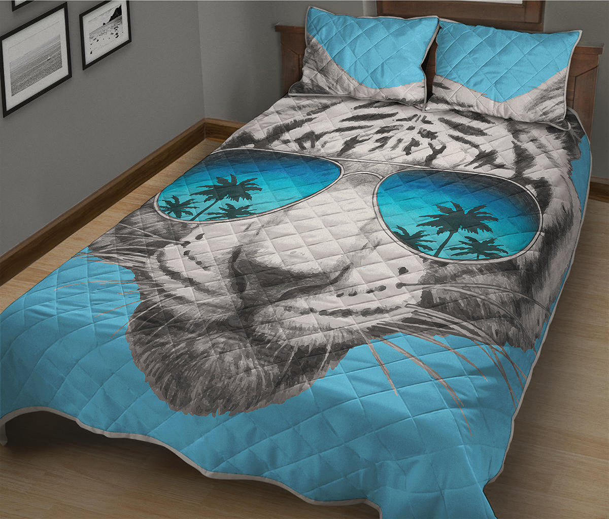 White Tiger With Sunglasses Print Quilt Bed Set