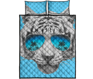 White Tiger With Sunglasses Print Quilt Bed Set