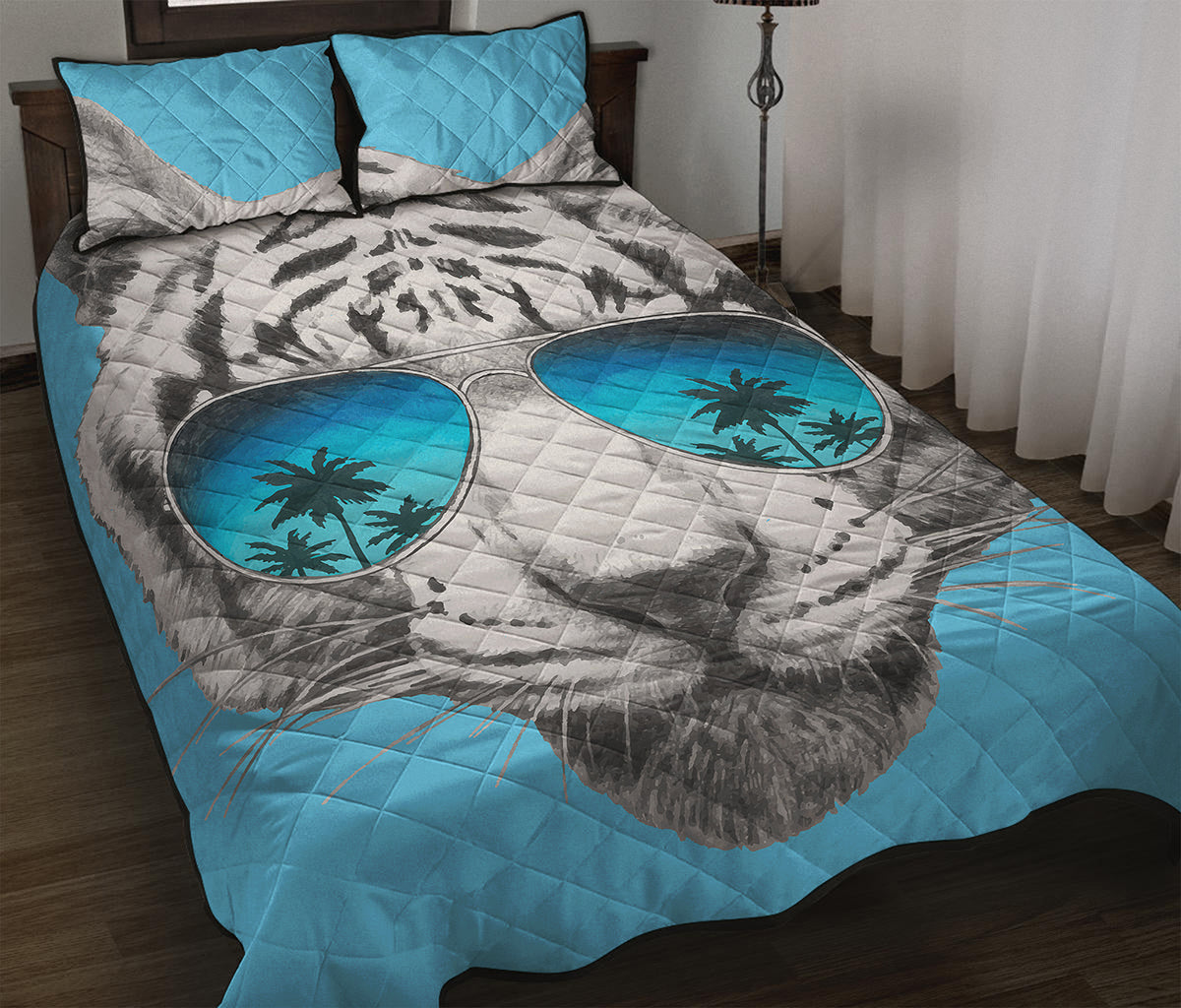 White Tiger With Sunglasses Print Quilt Bed Set
