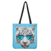 White Tiger With Sunglasses Print Tote Bag