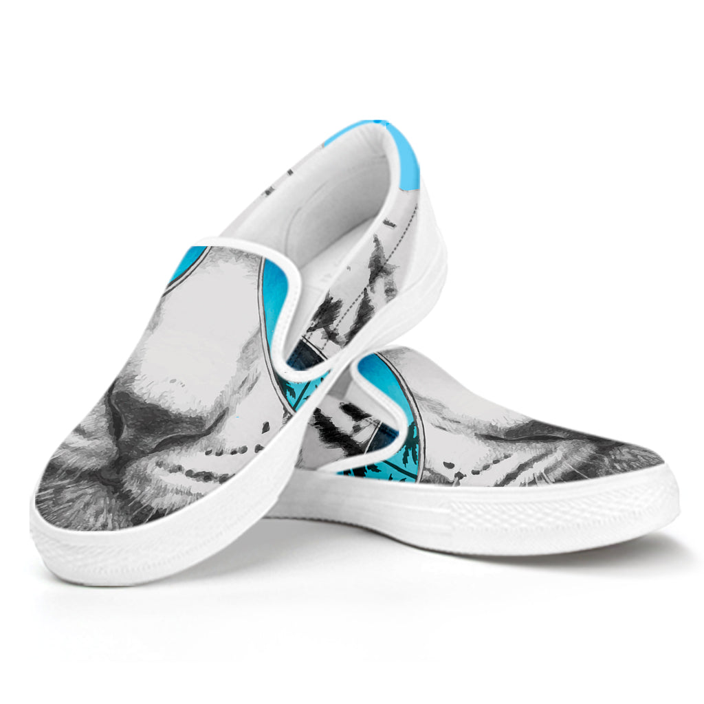 White Tiger With Sunglasses Print White Slip On Shoes