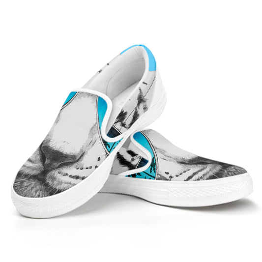 White Tiger With Sunglasses Print White Slip On Shoes
