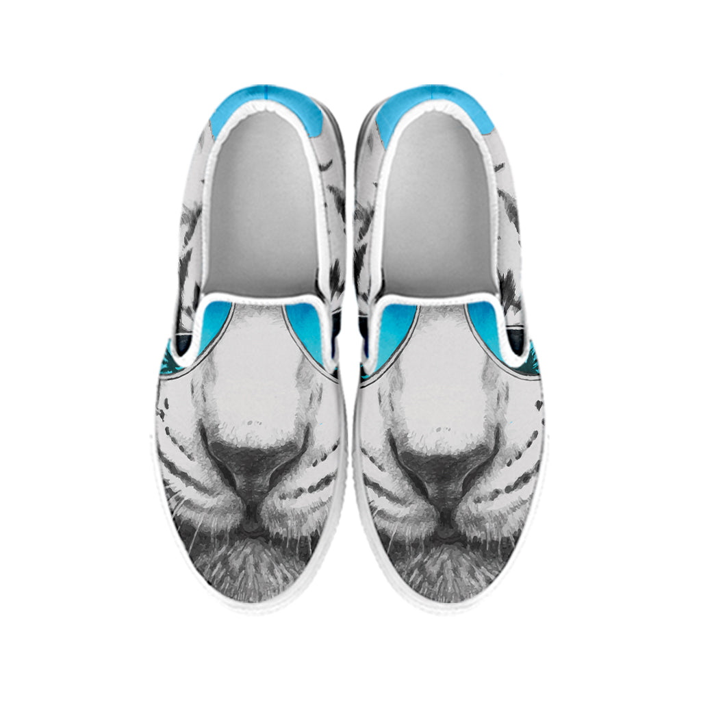 White Tiger With Sunglasses Print White Slip On Shoes