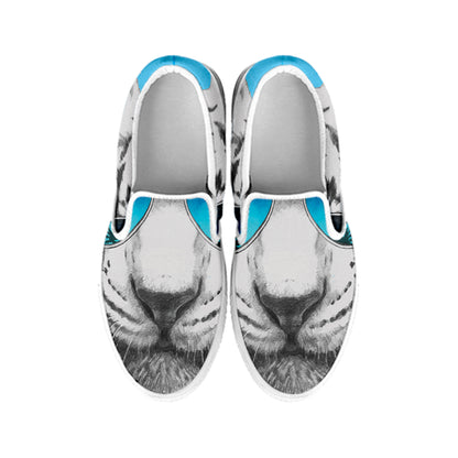White Tiger With Sunglasses Print White Slip On Shoes