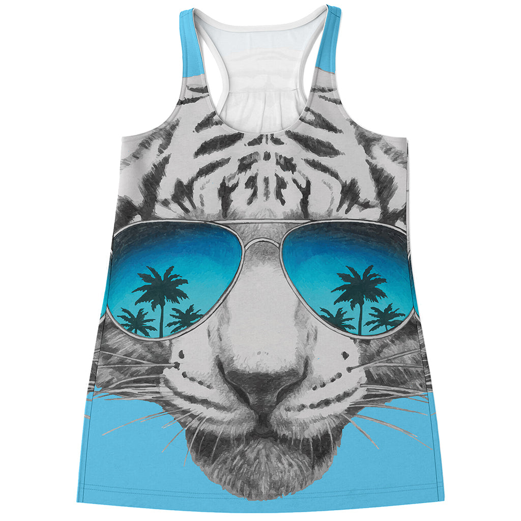 White Tiger With Sunglasses Print Women's Racerback Tank Top