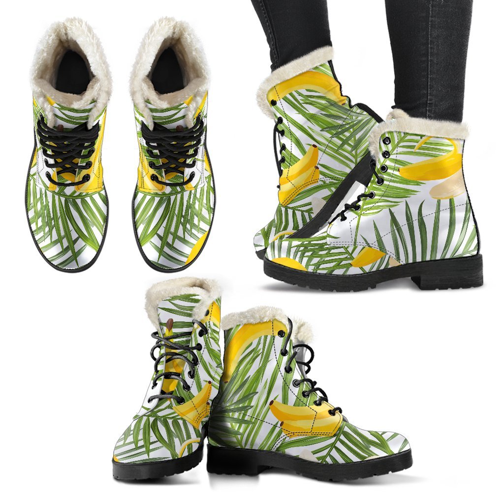 White Tropical Banana Pattern Print Comfy Boots GearFrost