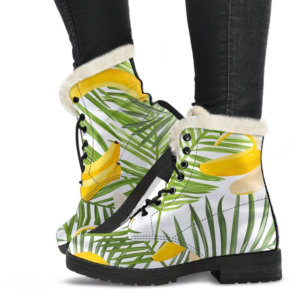 White Tropical Banana Pattern Print Comfy Boots GearFrost