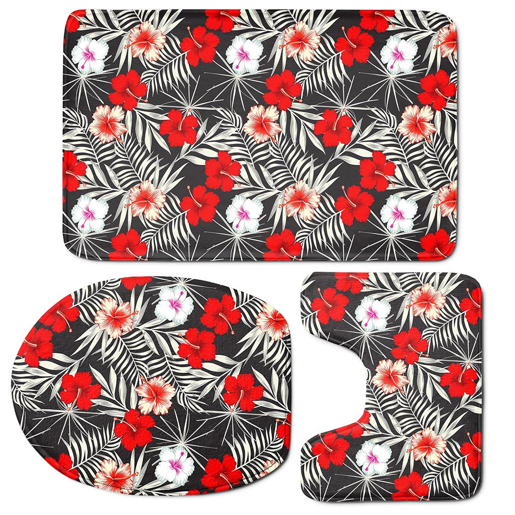 White Tropical Hibiscus Pattern Print 3 Piece Bath Mat Set