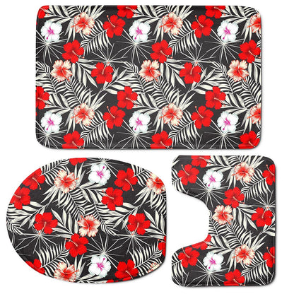 White Tropical Hibiscus Pattern Print 3 Piece Bath Mat Set