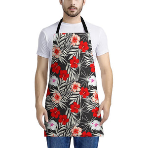 White Tropical Hibiscus Pattern Print Apron