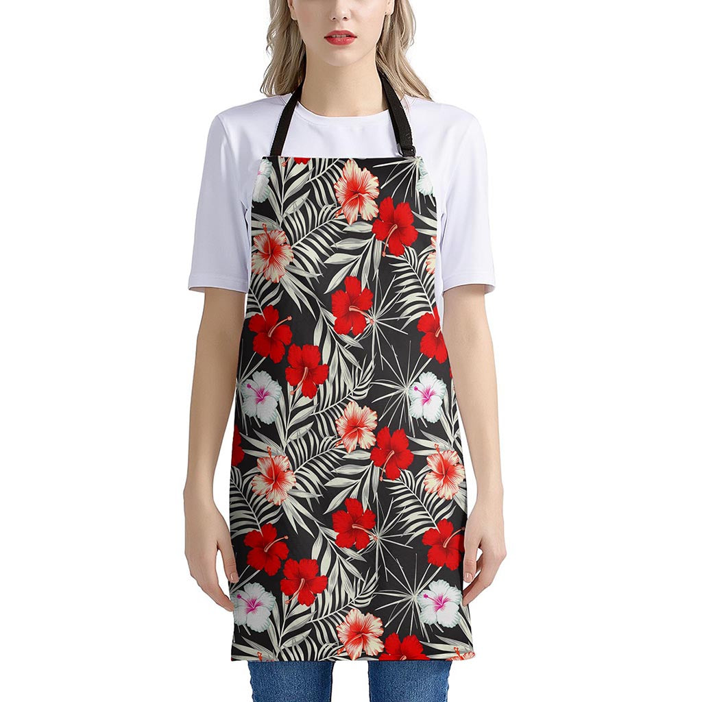 White Tropical Hibiscus Pattern Print Apron