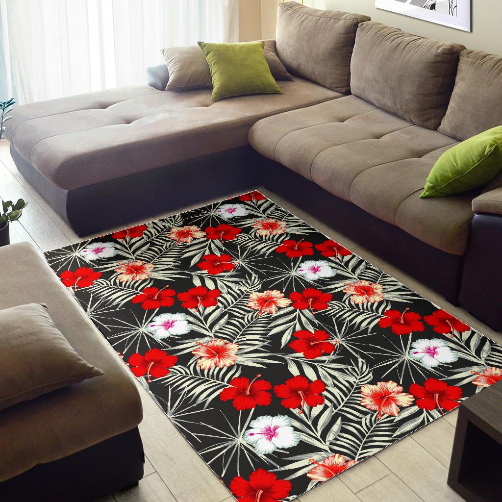 White Tropical Hibiscus Pattern Print Area Rug GearFrost