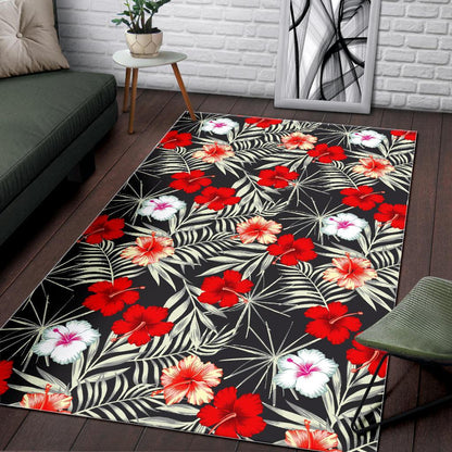 White Tropical Hibiscus Pattern Print Area Rug GearFrost