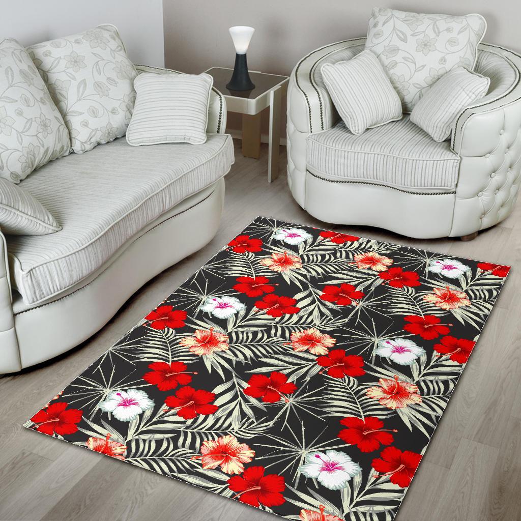 White Tropical Hibiscus Pattern Print Area Rug GearFrost