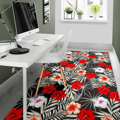 White Tropical Hibiscus Pattern Print Area Rug GearFrost