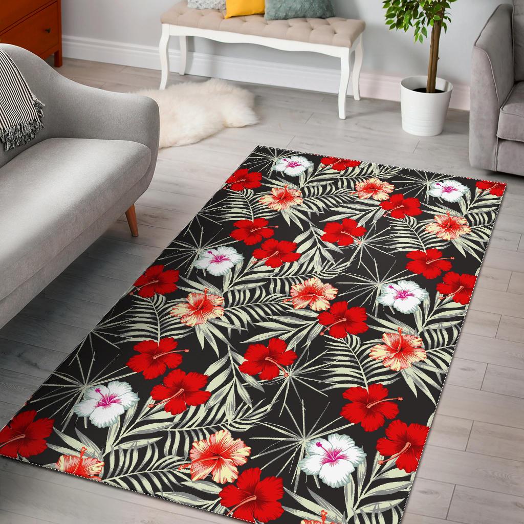 White Tropical Hibiscus Pattern Print Area Rug GearFrost