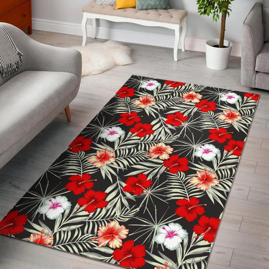 White Tropical Hibiscus Pattern Print Area Rug GearFrost