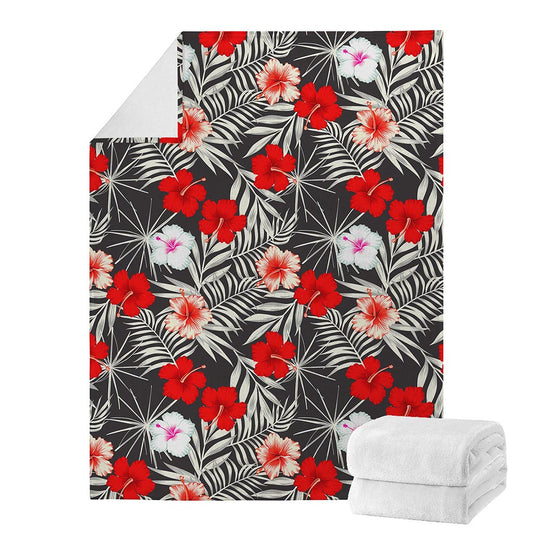 White Tropical Hibiscus Pattern Print Blanket