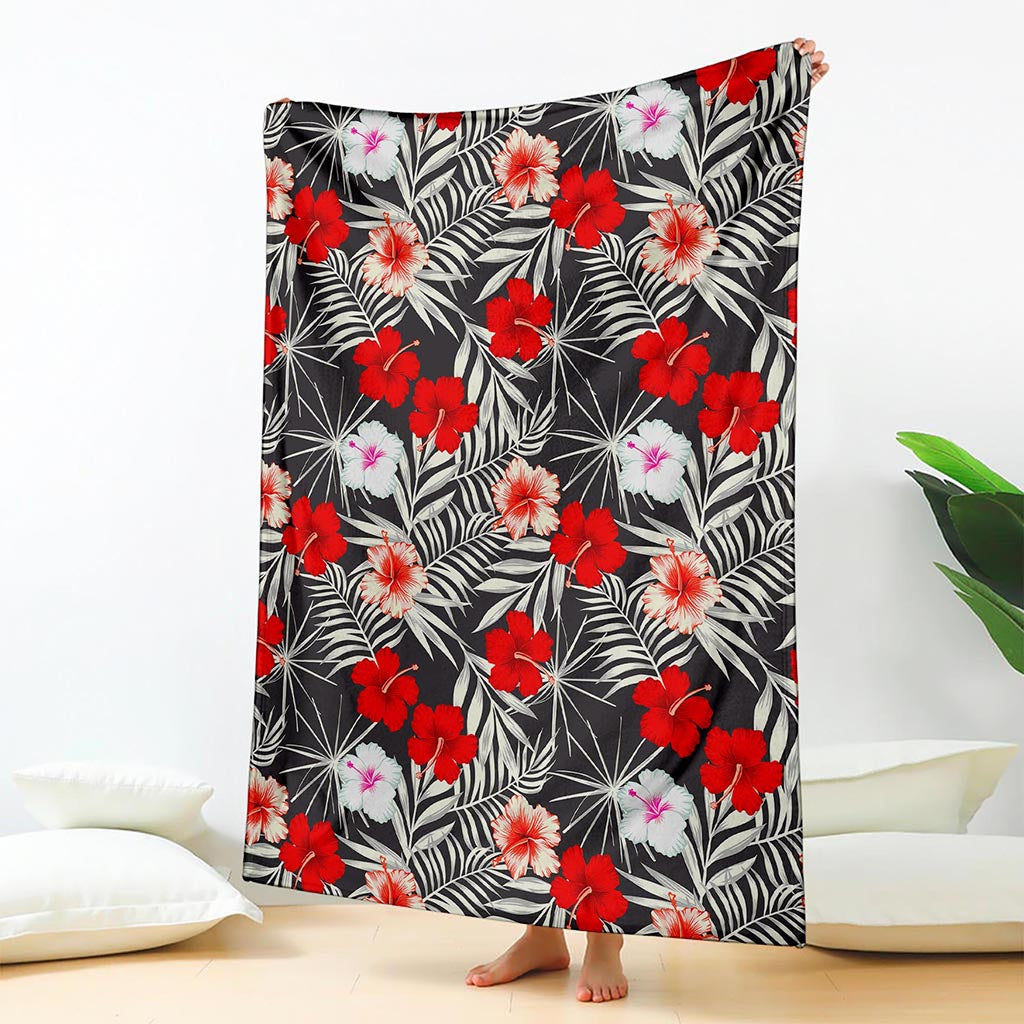 White Tropical Hibiscus Pattern Print Blanket