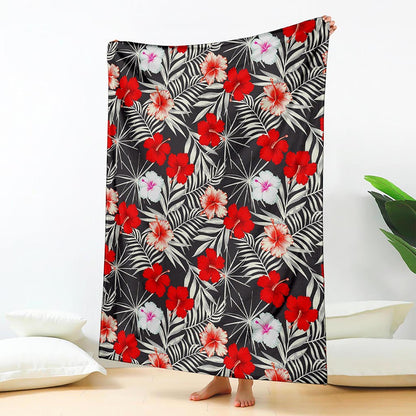 White Tropical Hibiscus Pattern Print Blanket