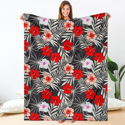 White Tropical Hibiscus Pattern Print Blanket