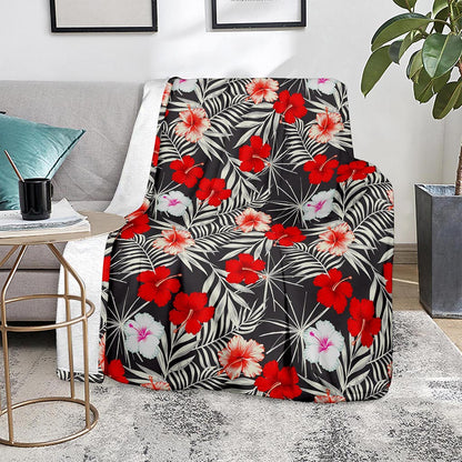 White Tropical Hibiscus Pattern Print Blanket