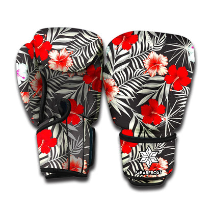 White Tropical Hibiscus Pattern Print Boxing Gloves