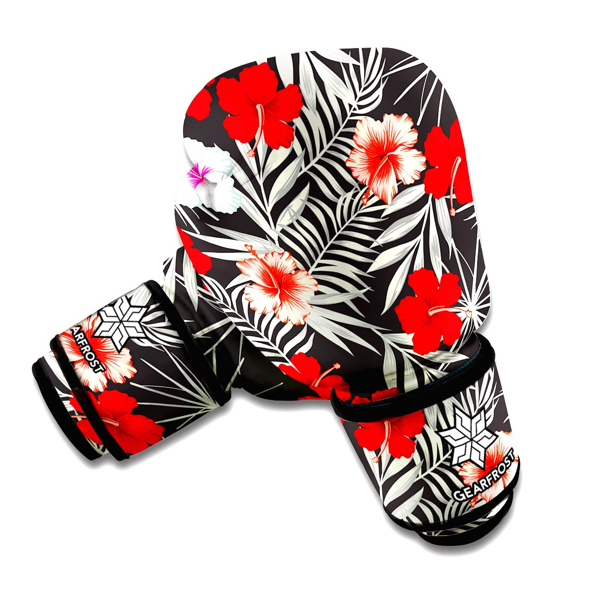 White Tropical Hibiscus Pattern Print Boxing Gloves