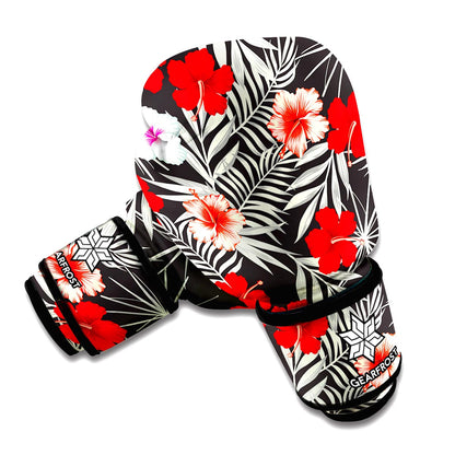 White Tropical Hibiscus Pattern Print Boxing Gloves