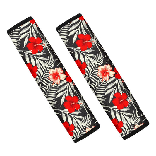 White Tropical Hibiscus Pattern Print Car Seat Belt Covers