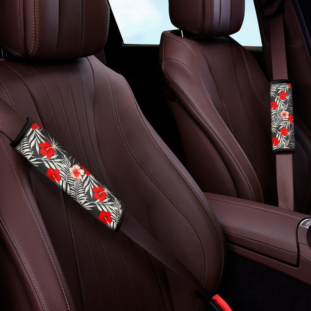 White Tropical Hibiscus Pattern Print Car Seat Belt Covers