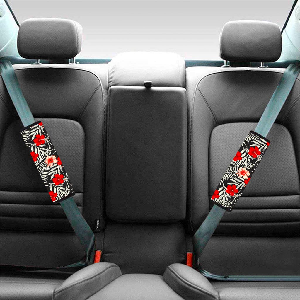 White Tropical Hibiscus Pattern Print Car Seat Belt Covers