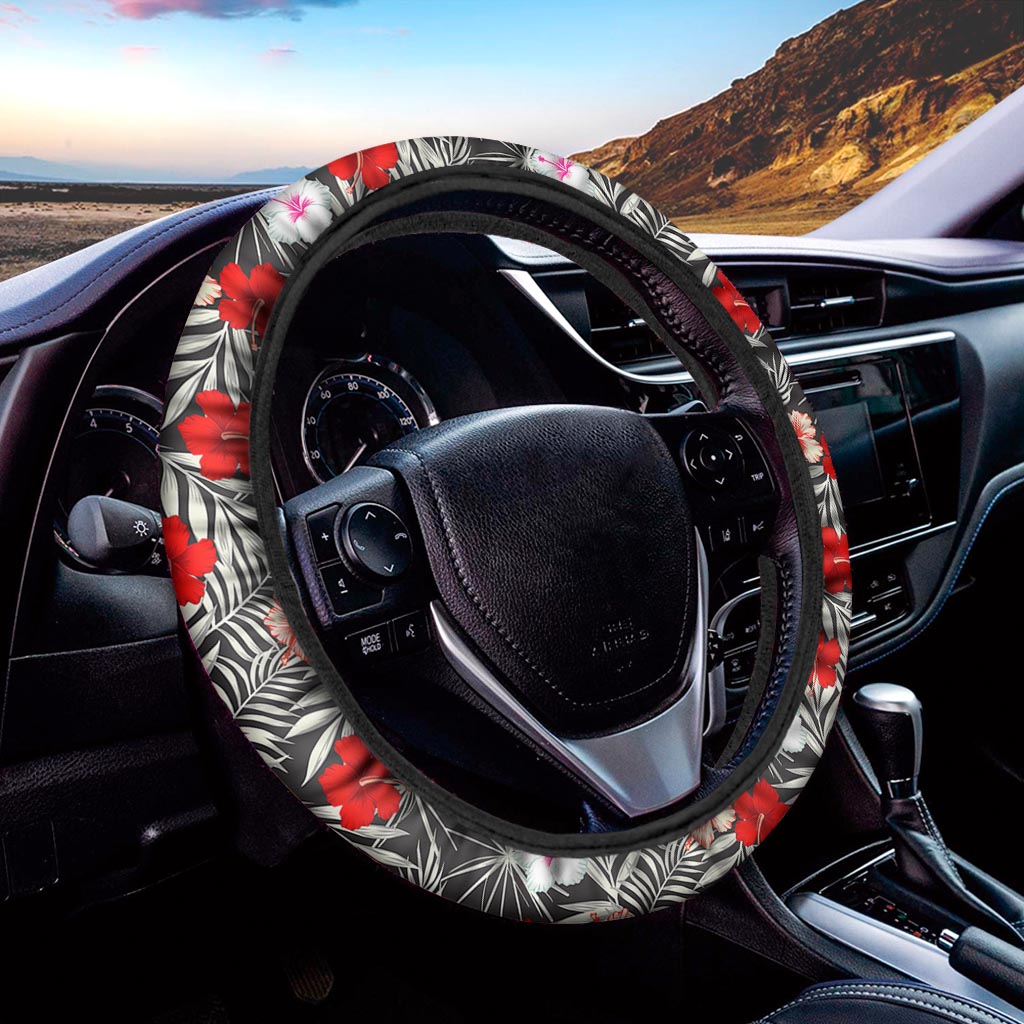 White Tropical Hibiscus Pattern Print Car Steering Wheel Cover