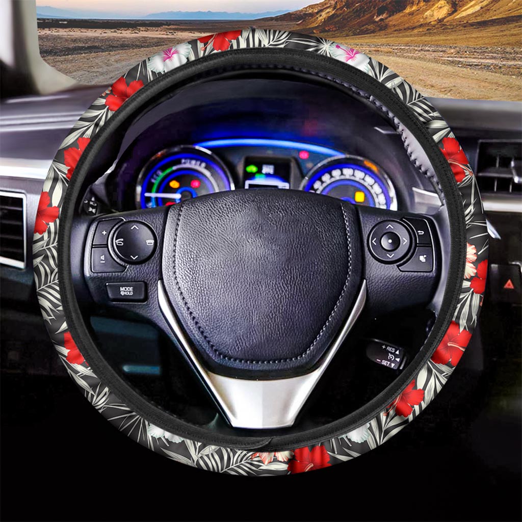 White Tropical Hibiscus Pattern Print Car Steering Wheel Cover