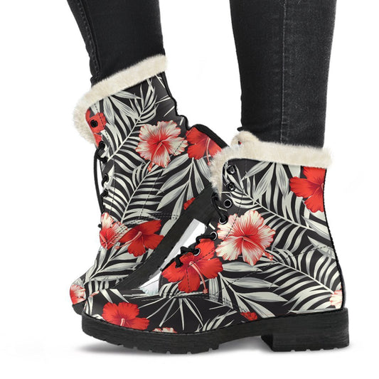 White Tropical Hibiscus Pattern Print Comfy Boots GearFrost
