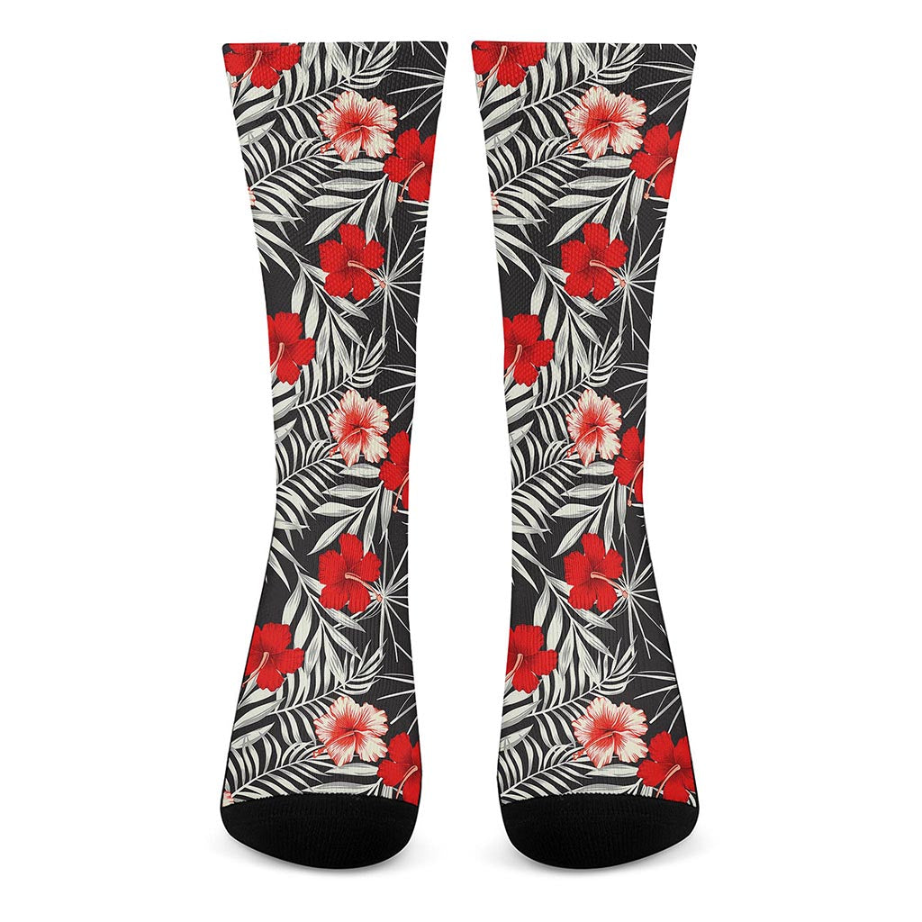 White Tropical Hibiscus Pattern Print Crew Socks