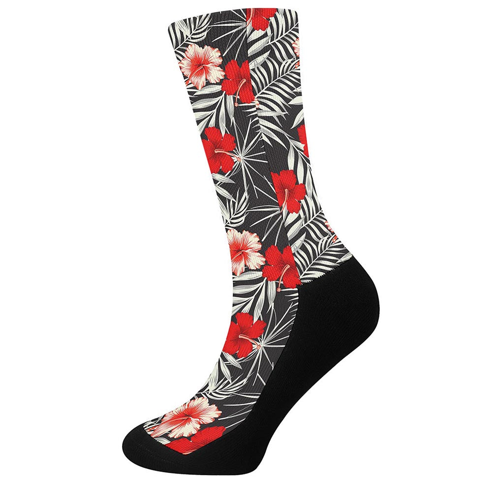 White Tropical Hibiscus Pattern Print Crew Socks