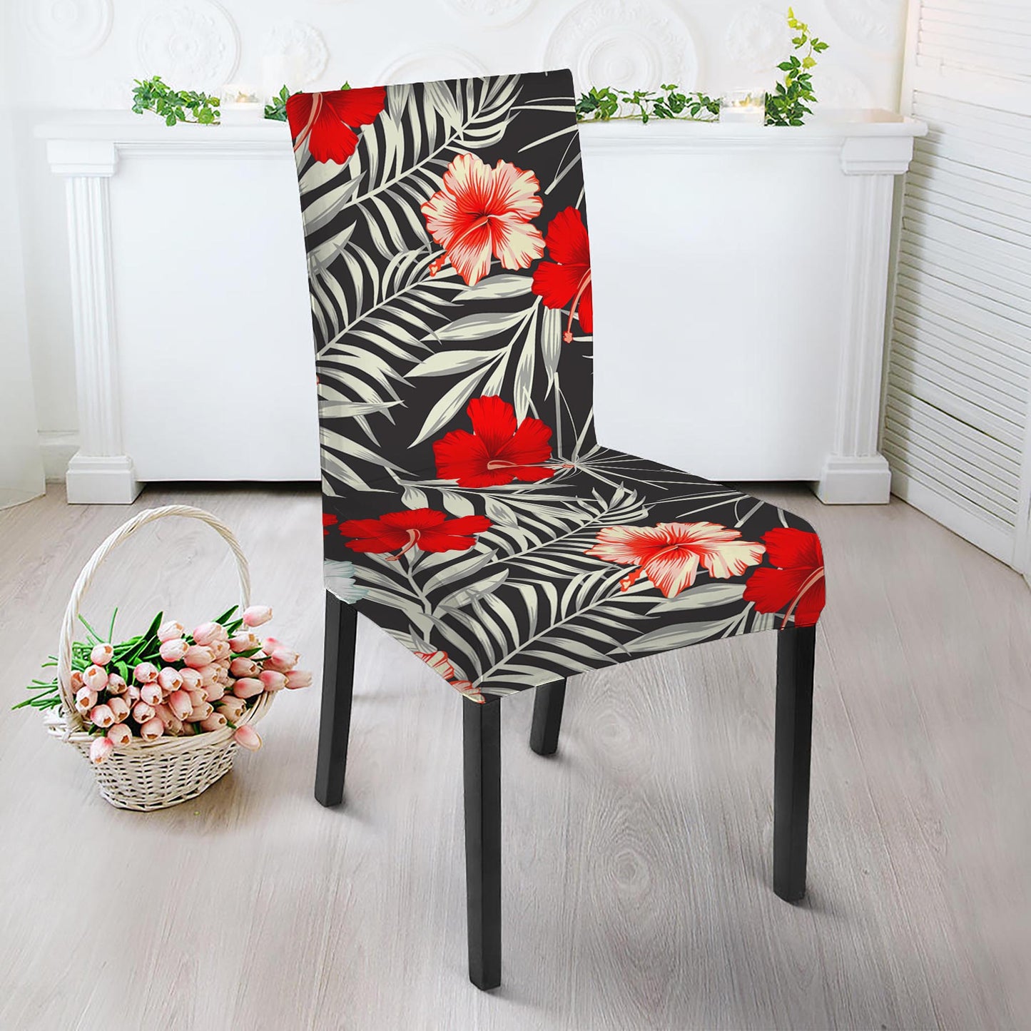 White Tropical Hibiscus Pattern Print Dining Chair Slipcover