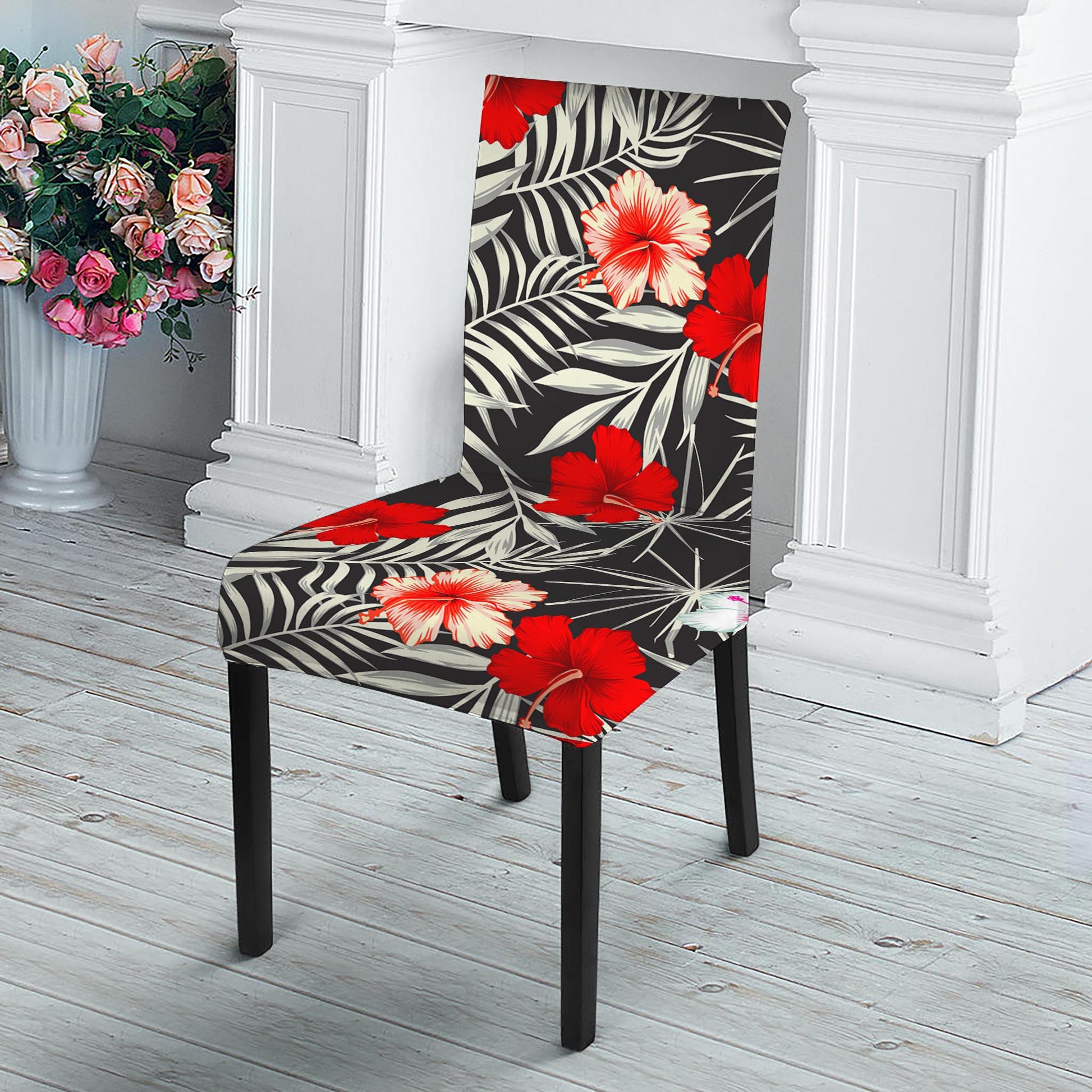 White Tropical Hibiscus Pattern Print Dining Chair Slipcover
