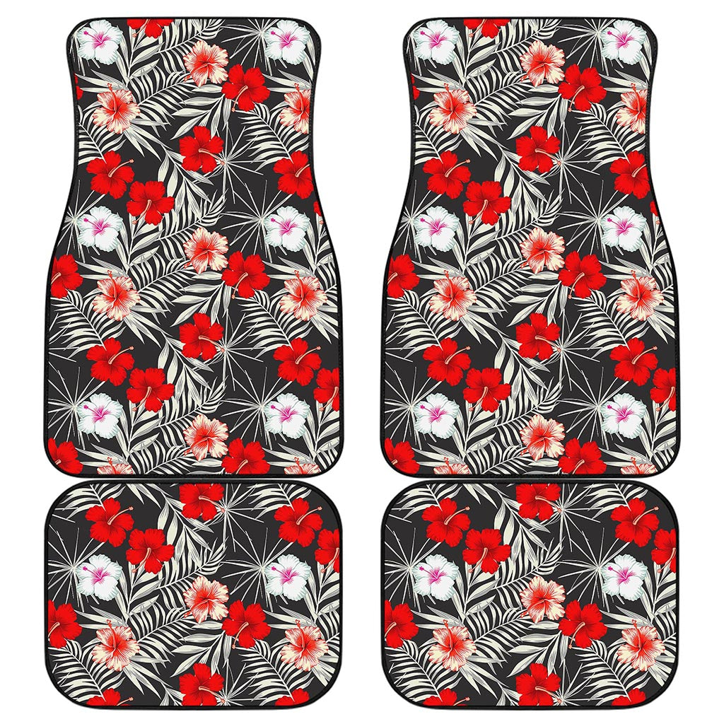 White Tropical Hibiscus Pattern Print Front and Back Car Floor Mats
