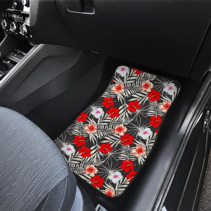 White Tropical Hibiscus Pattern Print Front and Back Car Floor Mats