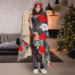 White Tropical Hibiscus Pattern Print Hooded Blanket