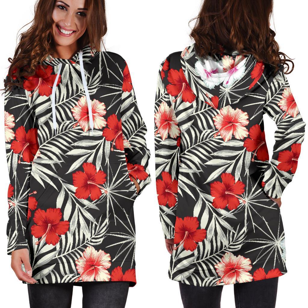 White Tropical Hibiscus Pattern Print Hoodie Dress GearFrost