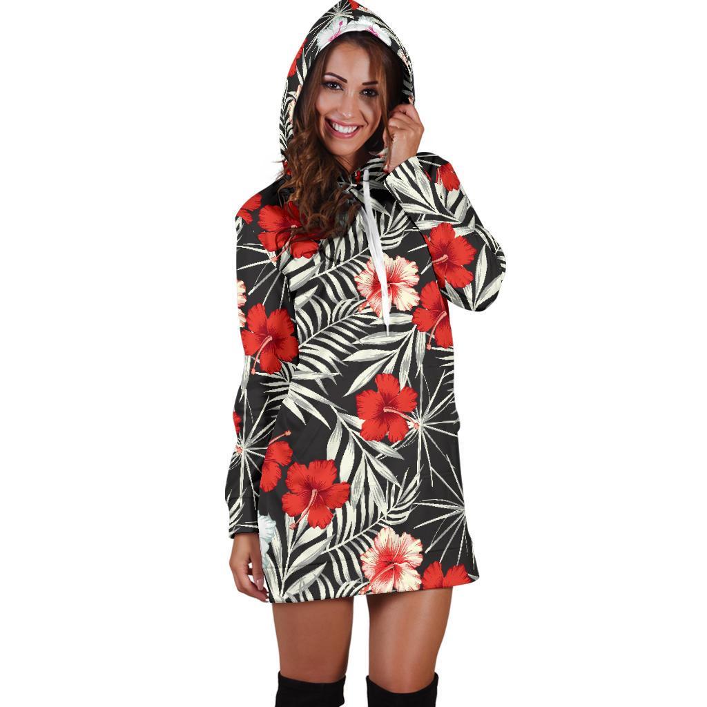 White Tropical Hibiscus Pattern Print Hoodie Dress GearFrost