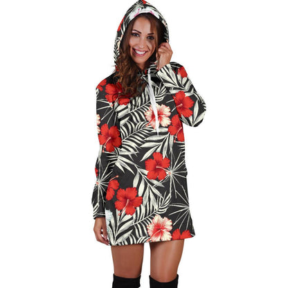 White Tropical Hibiscus Pattern Print Hoodie Dress GearFrost